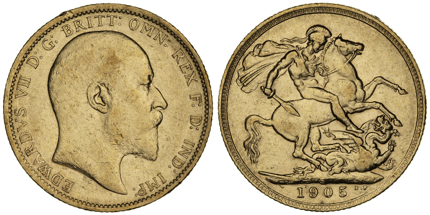 Edward VII, St George Reverse, Sovereign, 1905-S, VF