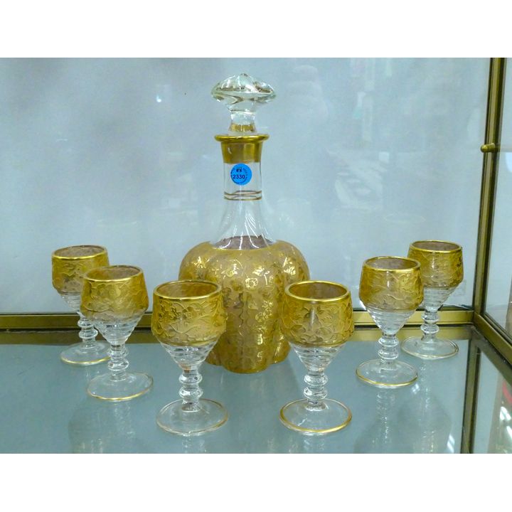 7pc Floral & Bird Gilt Decanter & Cordials 11 & 4''