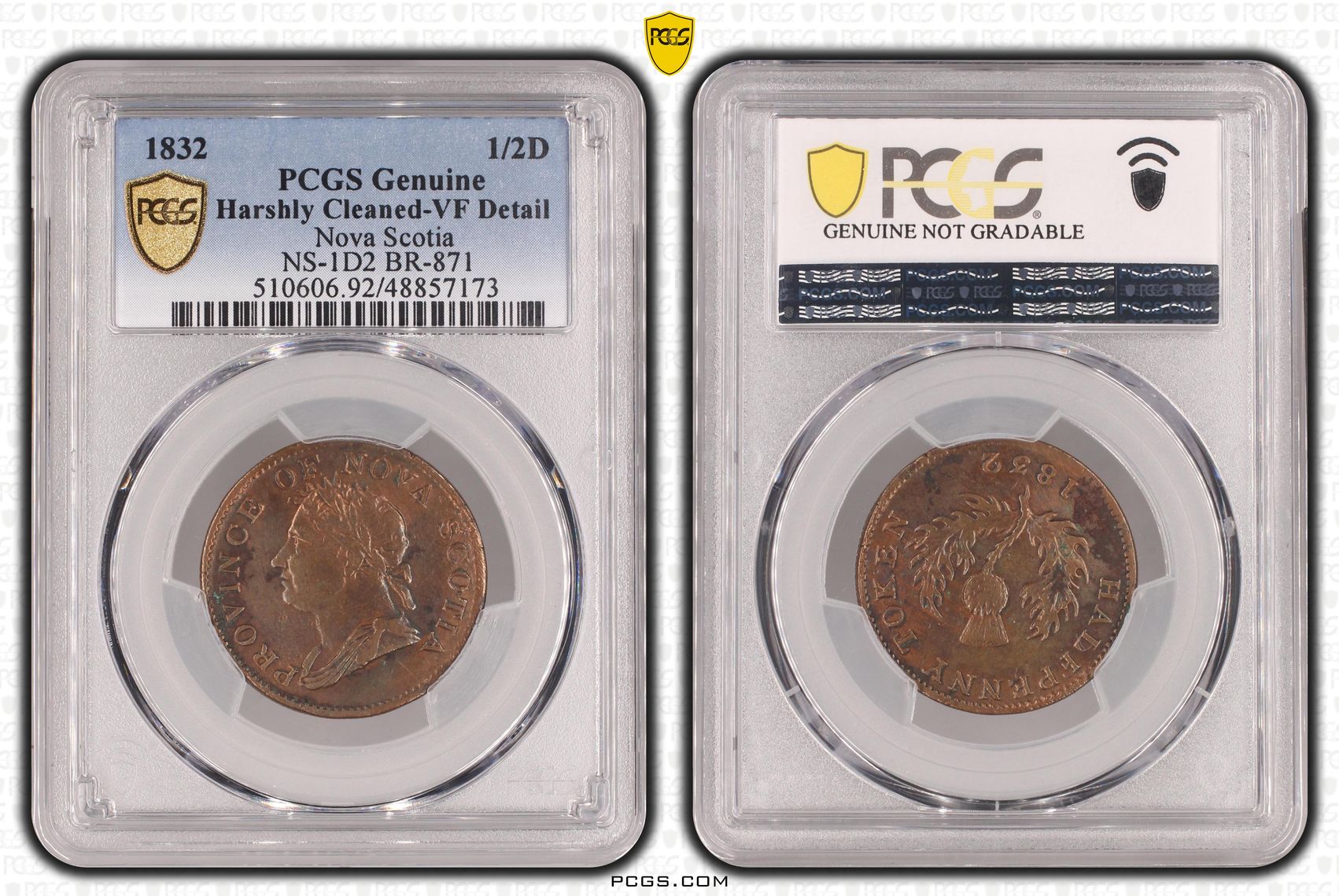 Nova Scotia, NS-1D2 BR-871, Halfpenny, 1832, PCGS Genuine - VF Details (92 - Cleaned)
