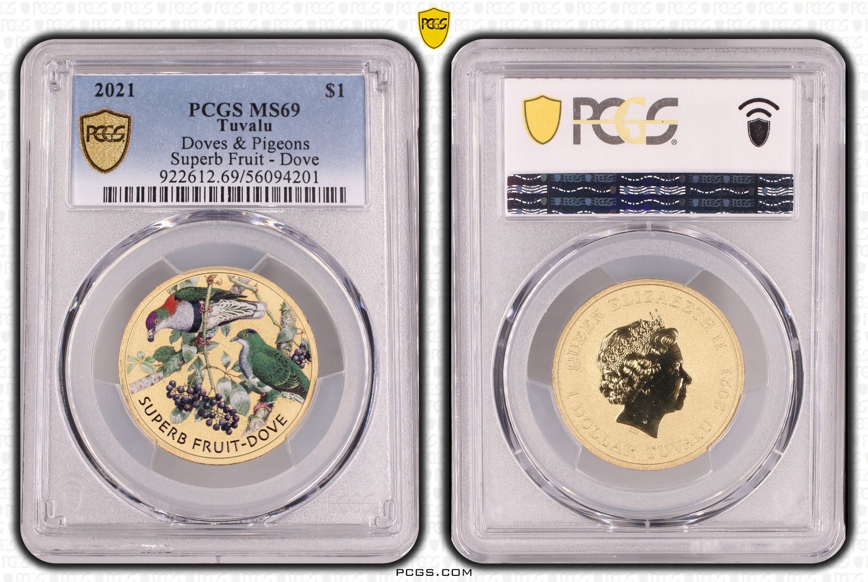 Tuvalu, Doves & Pigeons Superb Fruit - Dove Colorized, POP 12/0, One Dollar, 2021, PCGS MS69