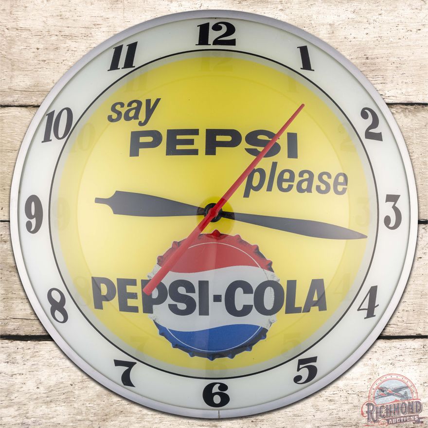Say Pepsi Please Pepsi Cola 15" Double Bubble Advertising Clock w/ Bottlecap