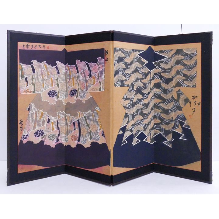 Japanese Painted 4 Panel Screen- Kimono Design- 36x54''