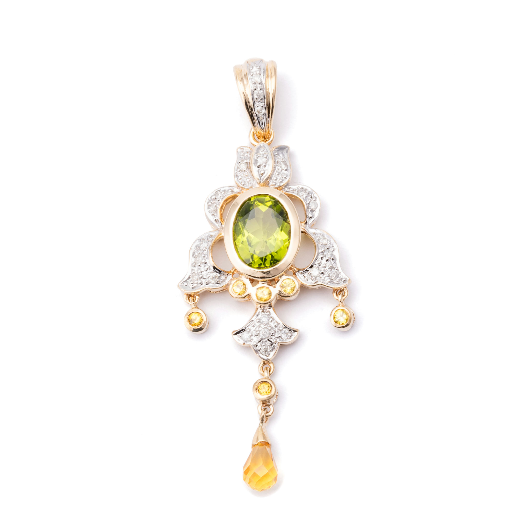 Peridot, Citrine & Diamond Pendant 14ct Gold,