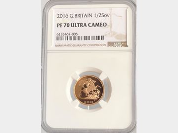 2016 ELIZABETH II 'ONE YEAR TYPE' JAMES BUTLER PROOF GOLD HALF SOVEREIGN PF70 UCAM