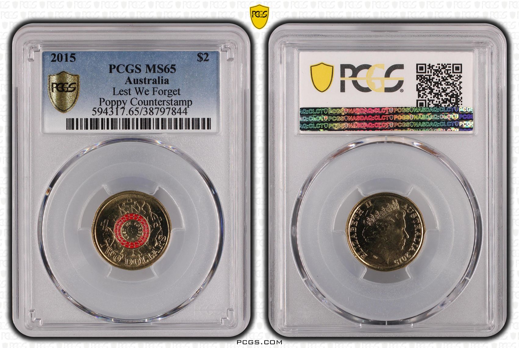 406 · Elizabeth II, Lest We Forget Colorized Poppy counterstamp , Two Dollar, 2015, PCGS MS65