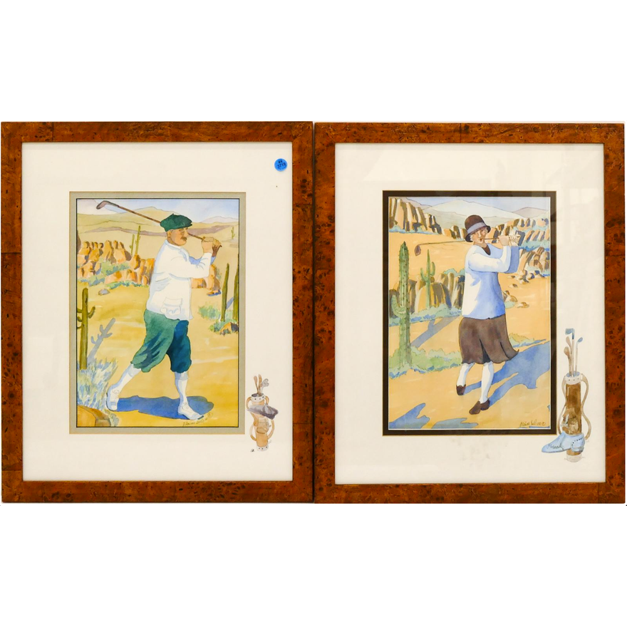 Pair Elaine DeNiro Golfing Watercolors Framed 22''x18''