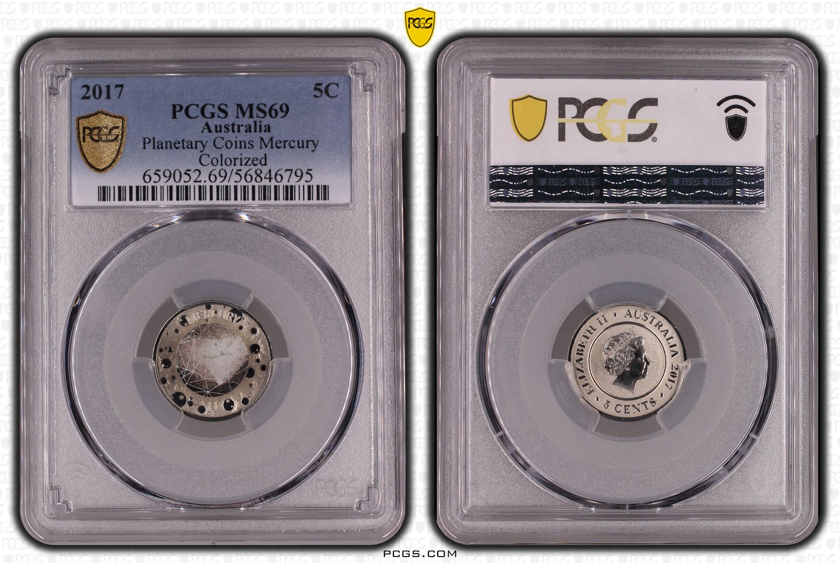 Planetary Coins Mercury Colourised, Five Cent, 2017, MS69