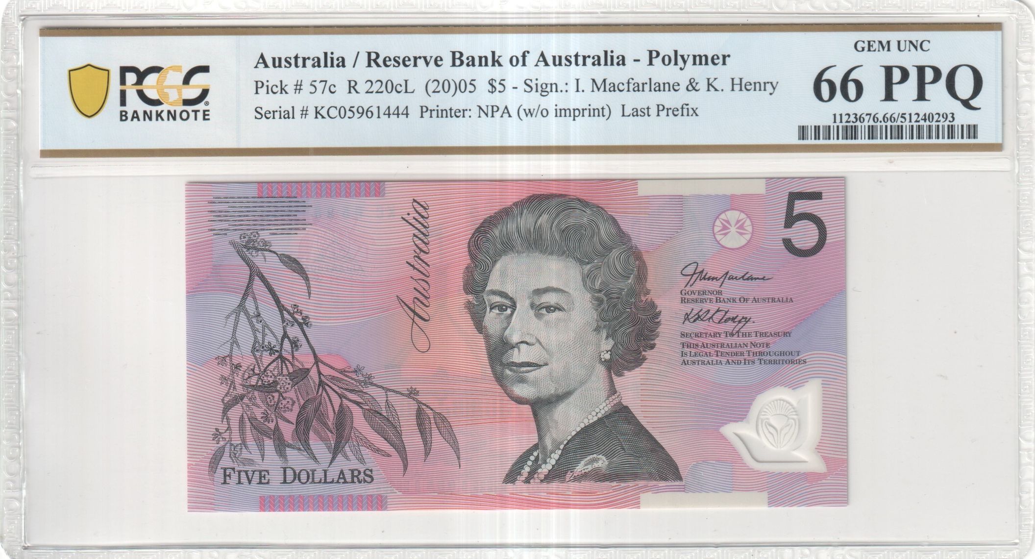 441 · Macfarlane/Henry, Last Prefix, Five Dollar, 2005, PCGS Gem UNC 66 PPQ
