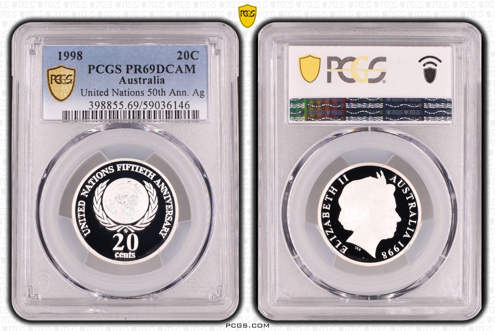 United Nations 50th Ann. Ag, Twenty Cent, 1998, PCGS PR69DCAM