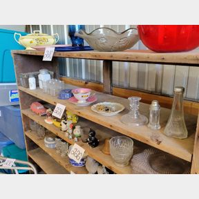 Shelf of glassware, China and vintage kitchen pieces