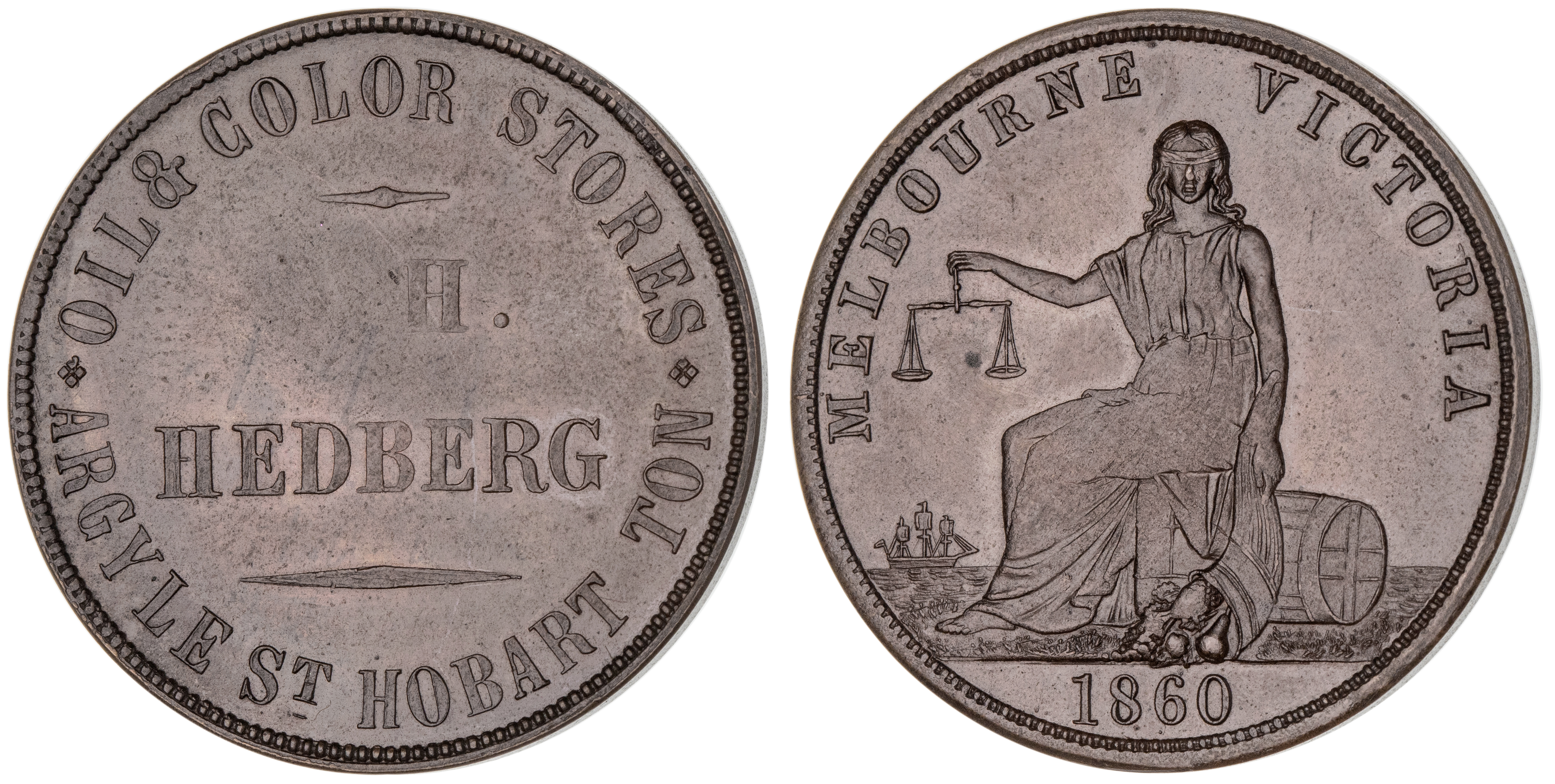 Hobart Town, Tasmania, O. H. Hedberg, Penny, 1860, UNC