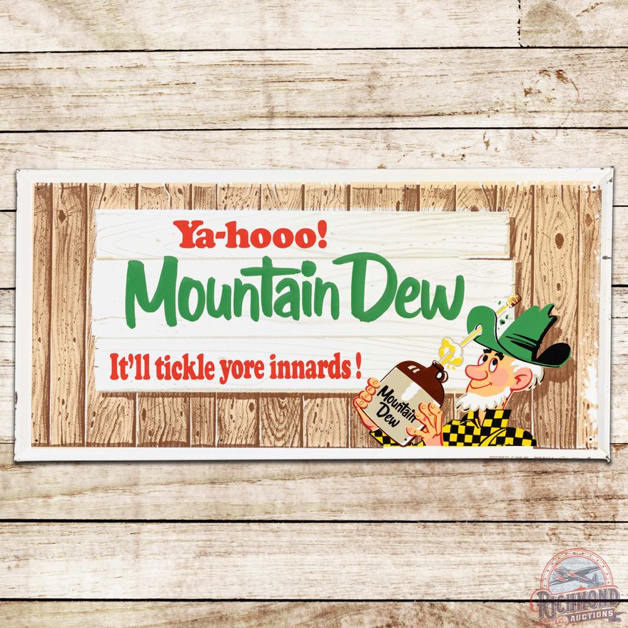 Yahoo! Mountain Dew "It'll Tickle Yore innards!" Embossed SS Tin Sign w/ Hillbilly