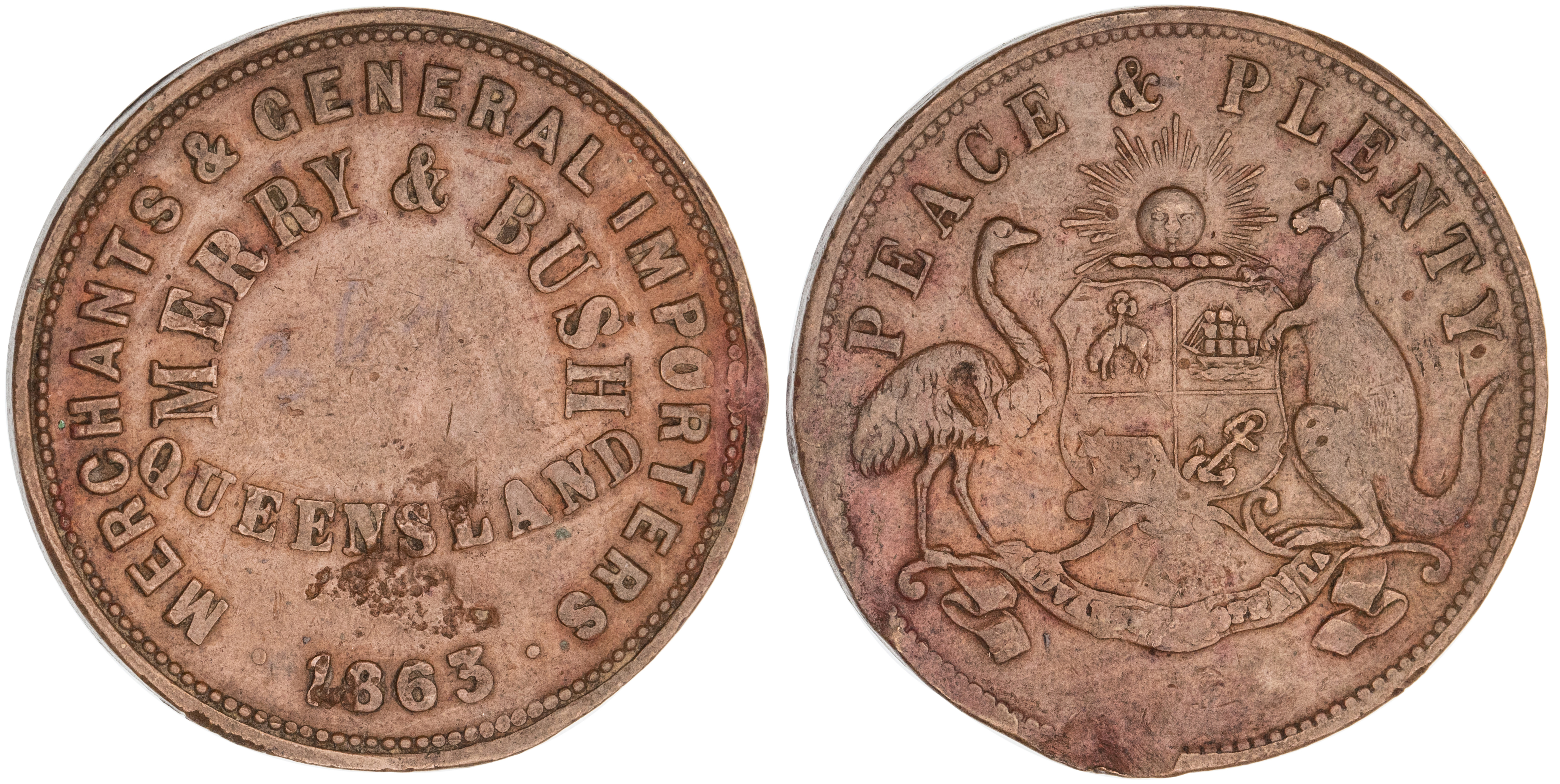 Brisbane, Queensland, Merry & Bush, Penny, 1863, Fine