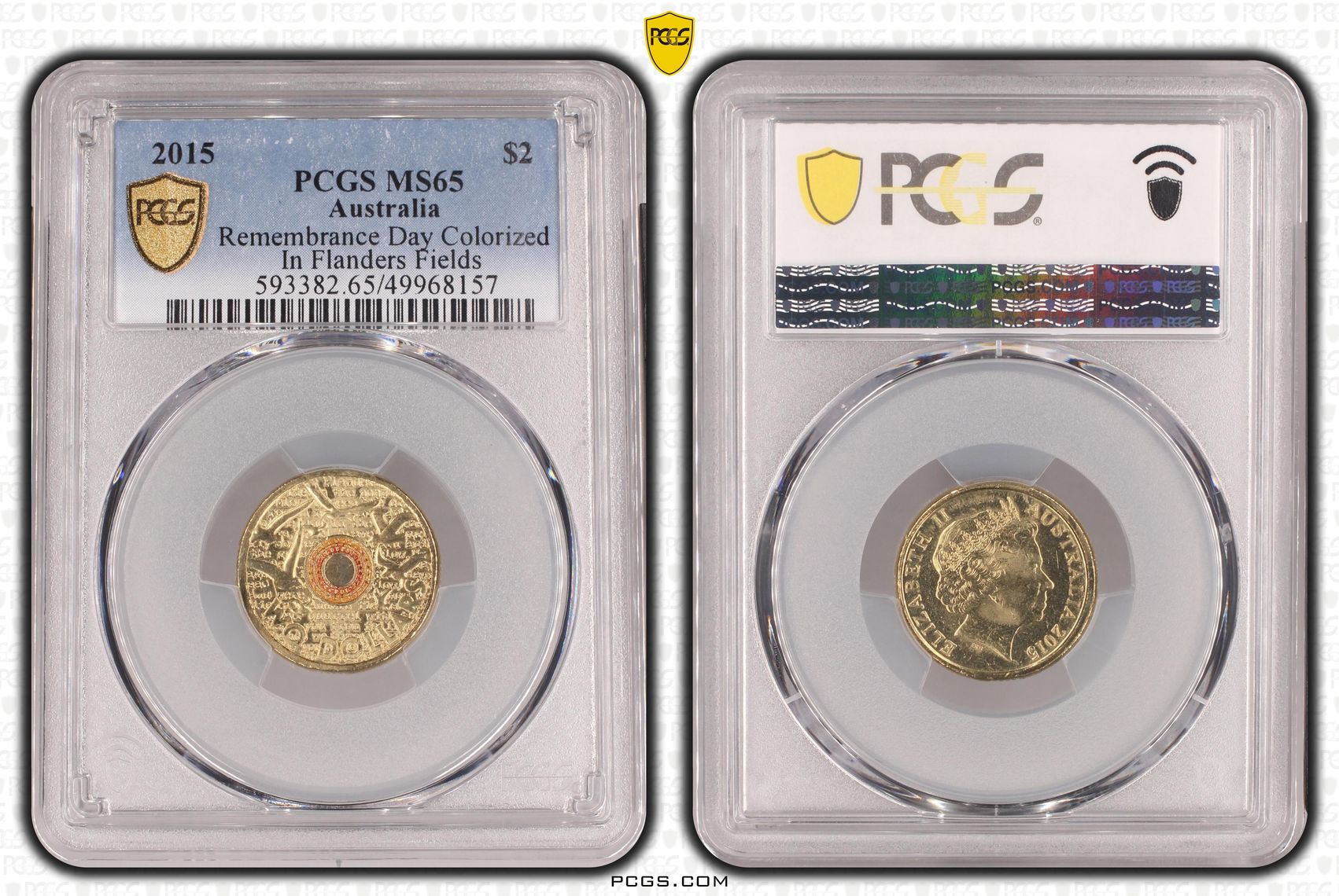 Remembrance Day Colorized - In Flanders Fields, Two Dollar, 2015, PCGS MS65