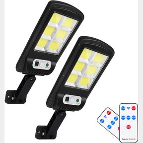 2 PACK 120 LED SOLAR STREET LIGHTS OUTDOOR, BLACK, MODERN WALL MOUNT, REMOTE CONTROL, IP65 WATERPROOF, 180 WIDE-ANGLE, 3 MODES, OU