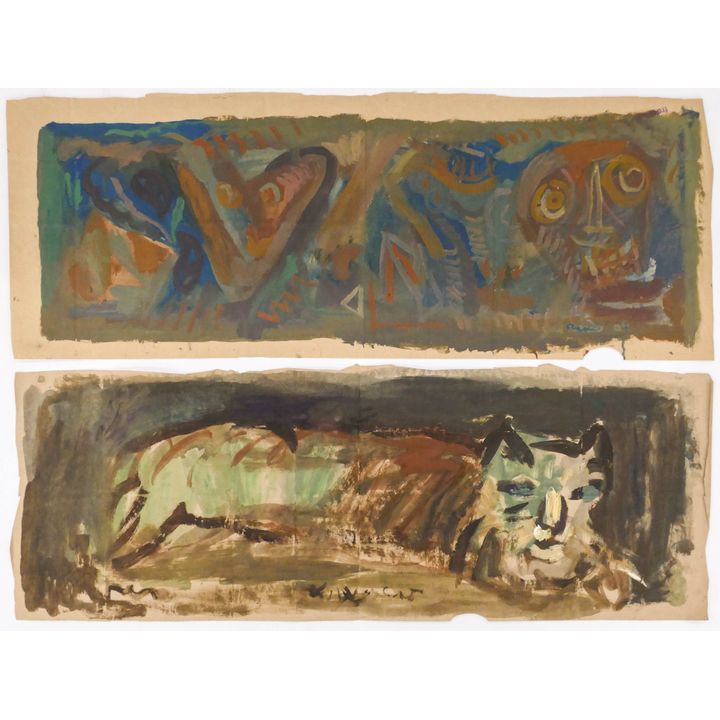2pc Joe Reno ''Animals'' Oil on Paper Bags