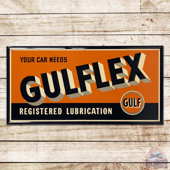 Your Car Needs Gulflex Registered Lubrication Emb. Single Sided Tin Sign w/ Logo