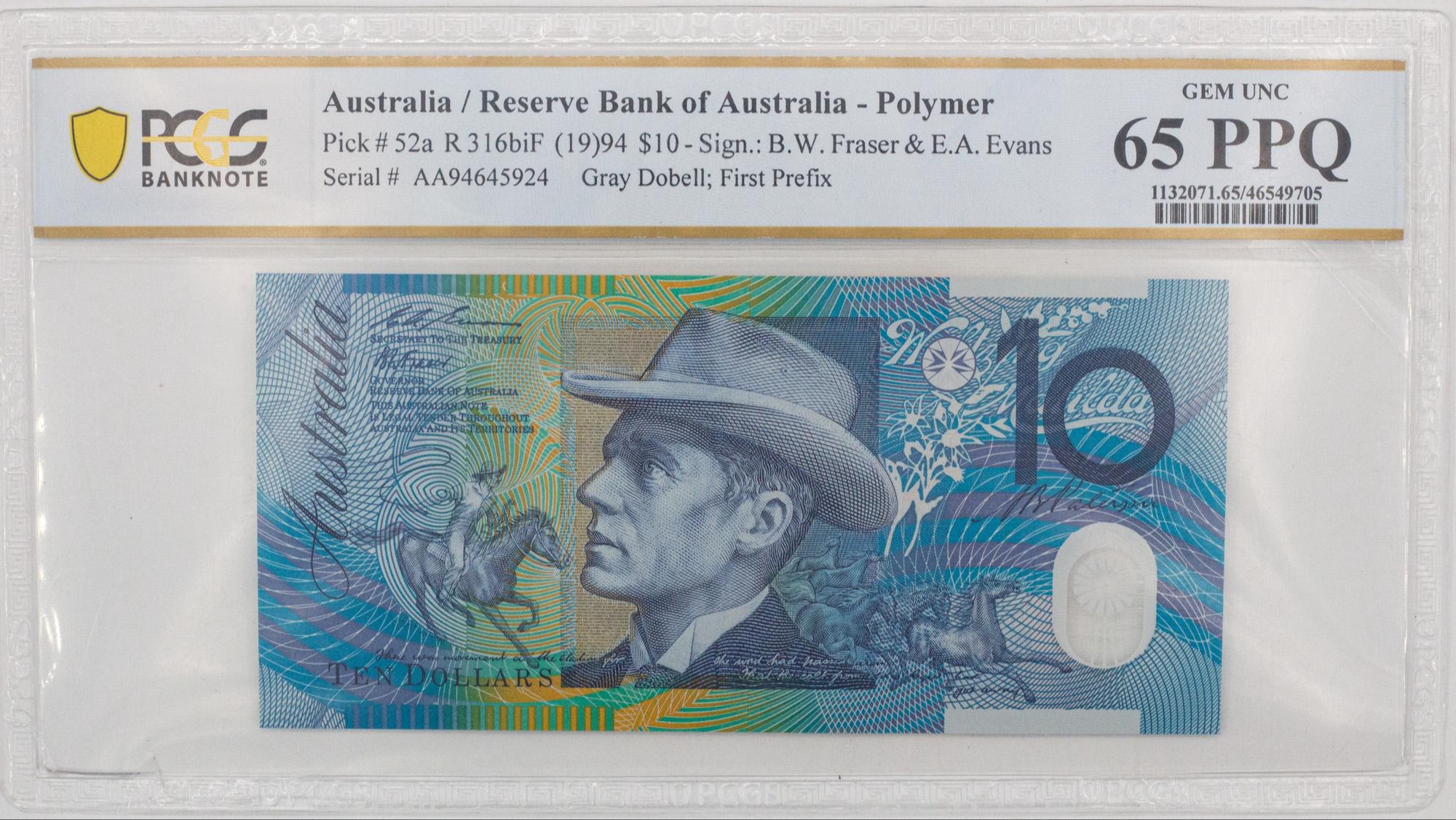 177 · RBA, Polymer, Sign.: B.W. Fraser & E.A. Evans, Gray Dobell; First Prefix, Ten Dollar, 1994, PCGS - Gem UNC 65 PPQ