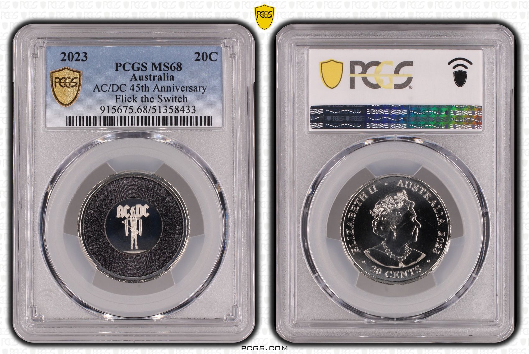 AC/DC 45th Anniversary - Flick the Switch, Twenty Cent, 2023, PCGS MS68