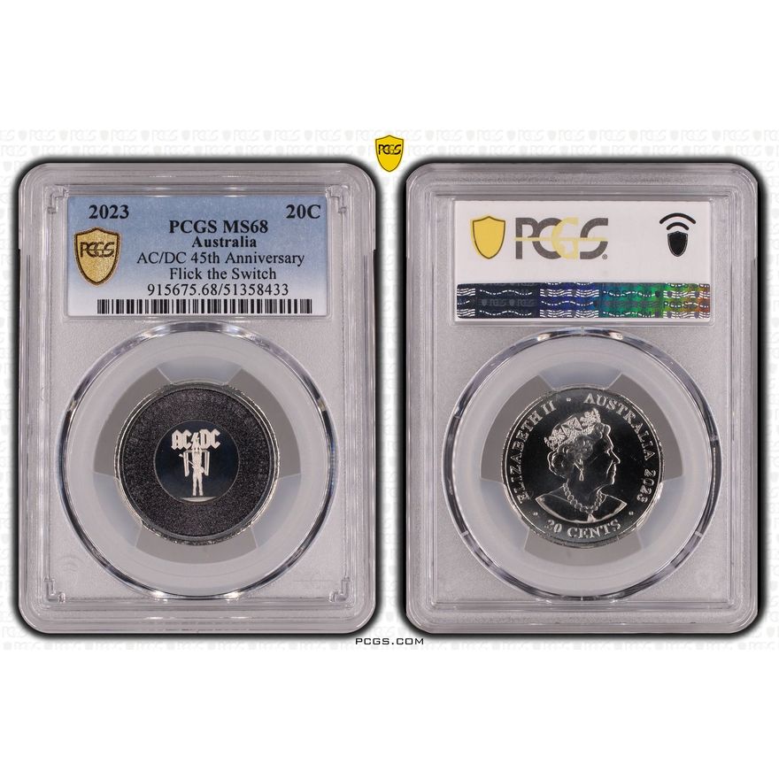 AC/DC 45th Anniversary - Flick the Switch, Twenty Cent, 2023, PCGS MS68