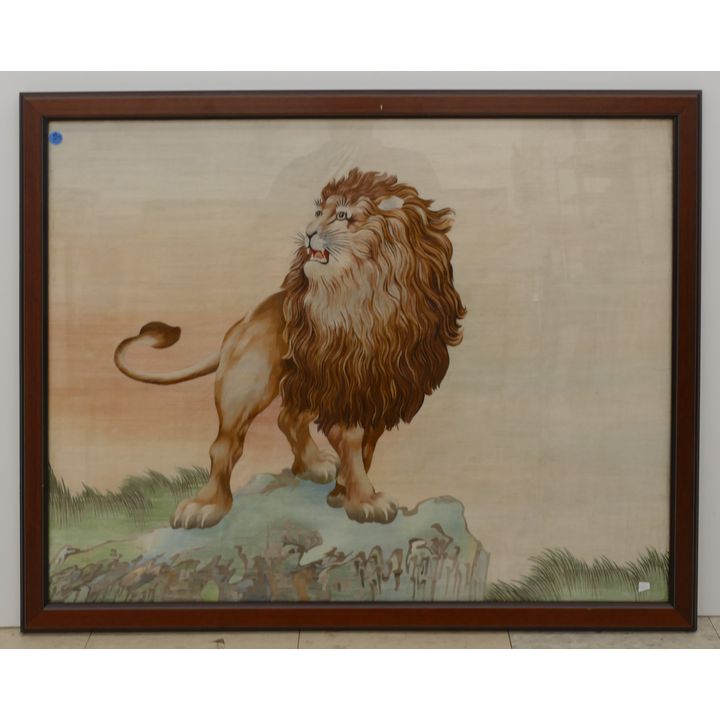 Old Chinese Silk Embroidered Lion Panel Framed 31''x39''