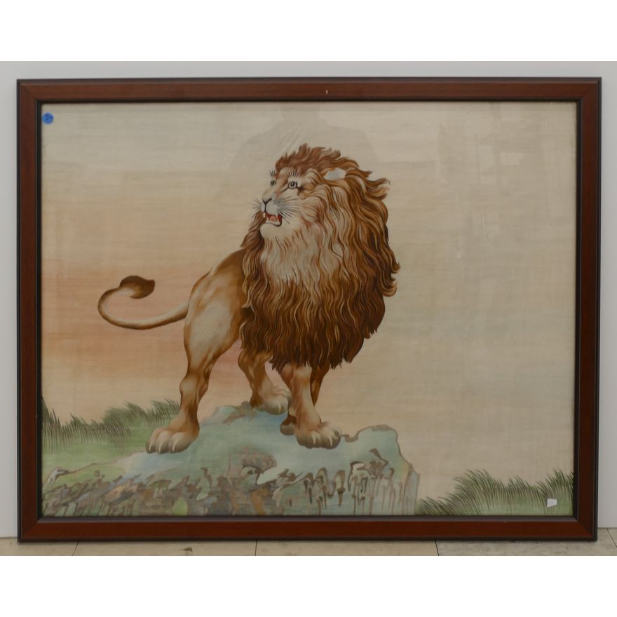 Old Chinese Silk Embroidered Lion Panel Framed 31''x39''