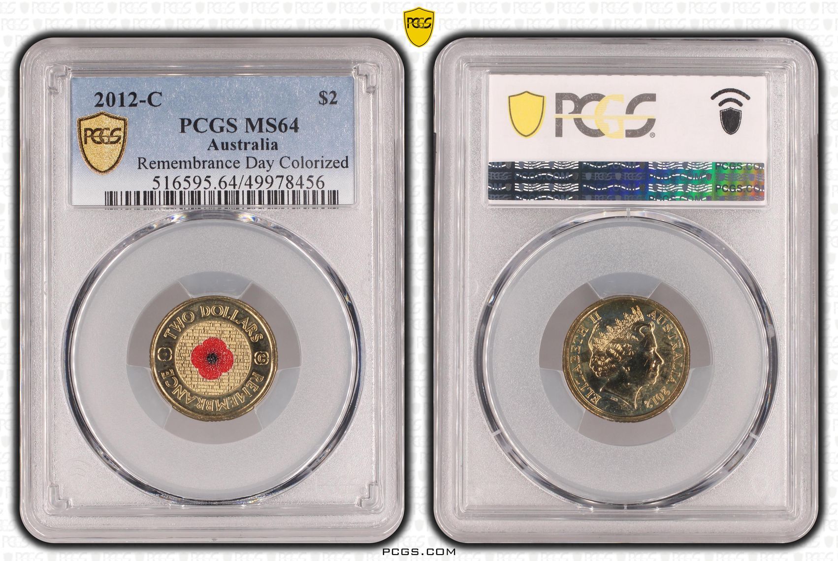 364 · Remembrance Day Colourised Red Poppy, Two Dollar, 2012-C, PCGS MS64