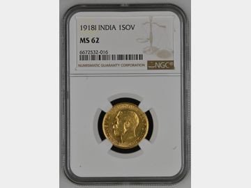 1918 GEORGE V INDIA MINT (ONE YEAR TYPE) GOLD SOVEREIGN MS62