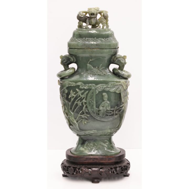 Chinese Large Spinach Jade Covered Vase on Stand