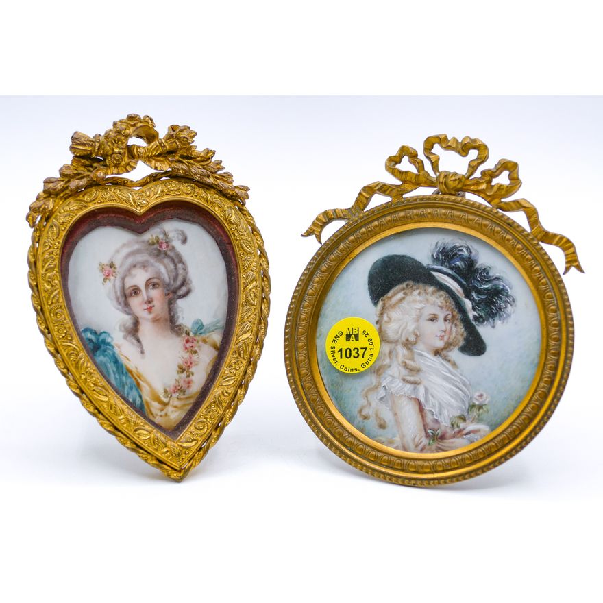 2pc Antique Beauty Miniature Portrait Paintings Framed 5'' Approx.