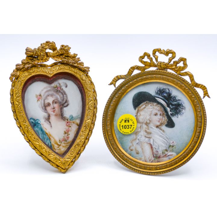 2pc Antique Beauty Miniature Portrait Paintings Framed 5'' Approx.