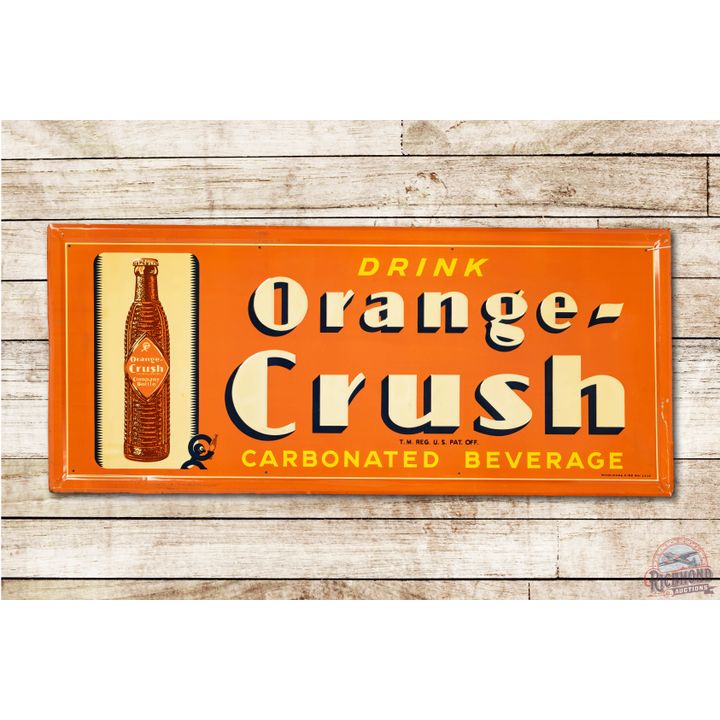 NOS 1941 Drink Orange Crush w/ Krinkle Bottle & Crushy Embossed Tin Sign