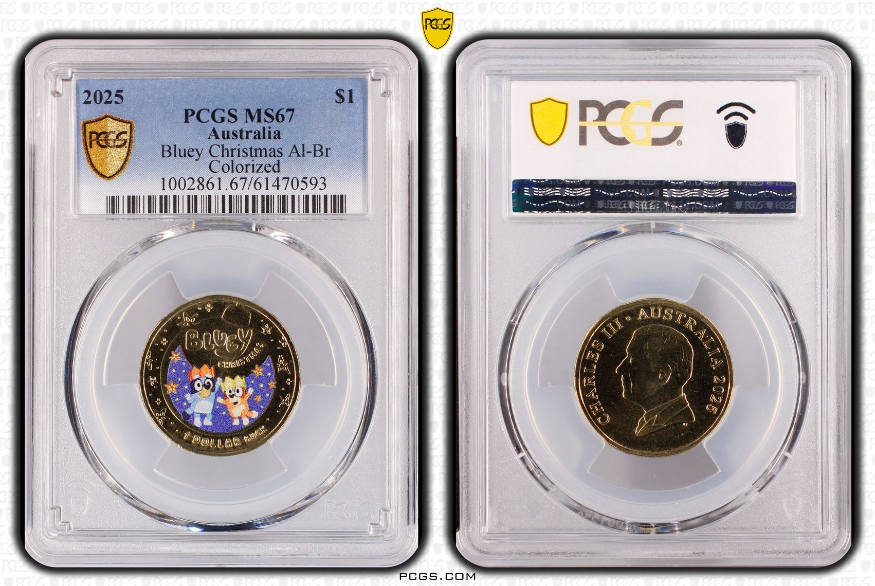 Bluey Christmas AlBr Colourised, One Dollar, 2025, PCGS MS67
