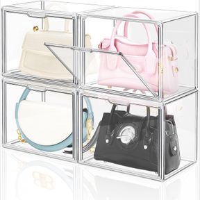 4 PACKS CLEAR PLASTIC HANDBAG STORAGE ORGANIZER FOR CLOSET, DILIBRA ACRYLIC DISPLAY BOX FOR HANDBAG, STACKABLE STORAGE BOXES BAG O