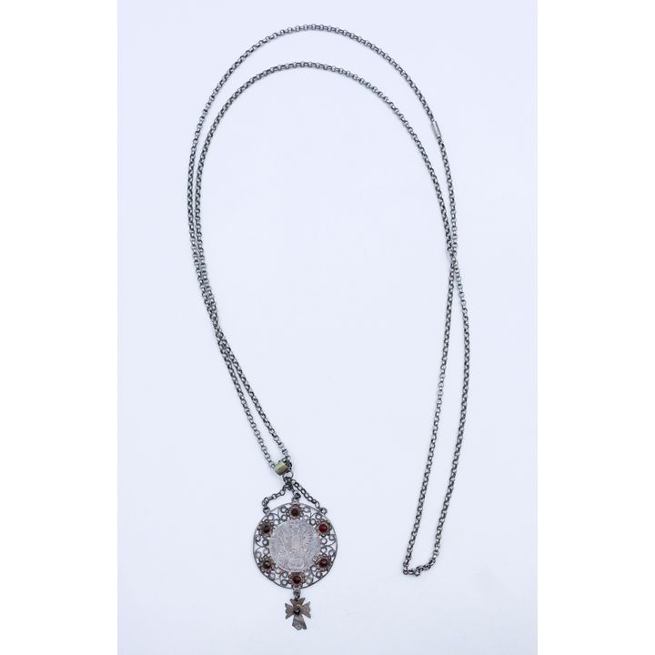 Antique Kreuzer Josef II Silver Coin & Garnet Necklace 49'' - 36 Grams TW
