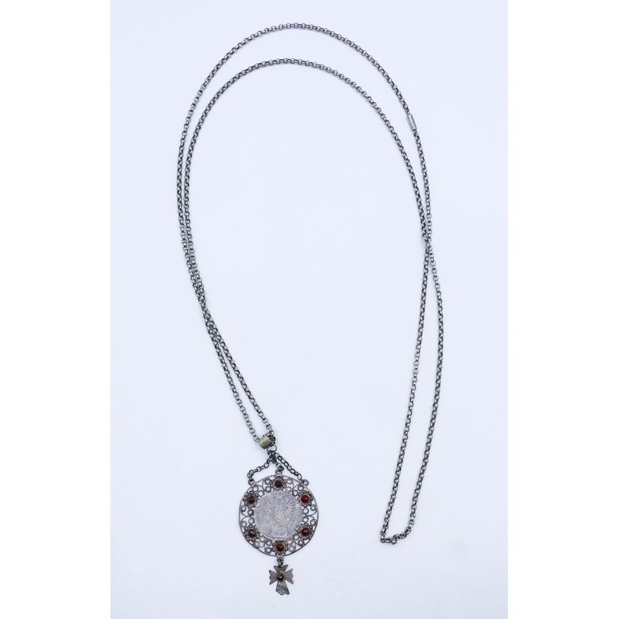 Antique Kreuzer Josef II Silver Coin & Garnet Necklace 49'' - 36 Grams TW
