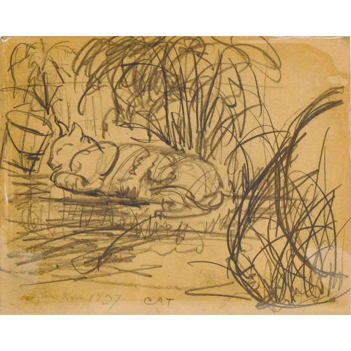 Bue Kee ''Cat'' 1927 Graphite on Paper Drawing 7''x8.5''