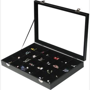 24GRIDS BOX COWARD JEWELRY ORGANIZER BOX, BLACK VELVET 24 GRIDS RING EARRING JEWELRY DISPLAY TRAY CASE WITH TRANSPARENT GLASS LID