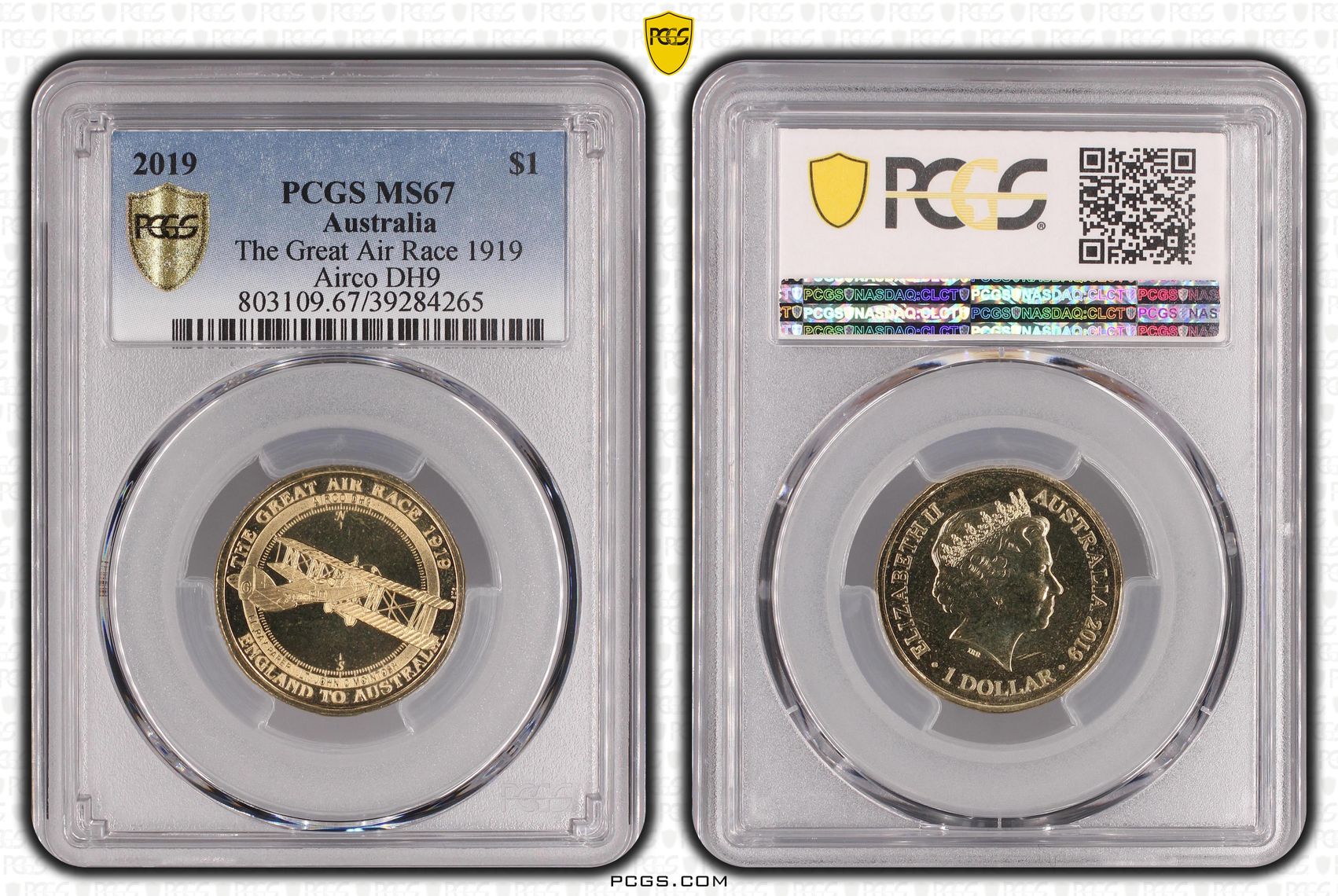 458 · The Great Air Race 1919 Airco DH9, One Dollar, 2019, PCGS MS67