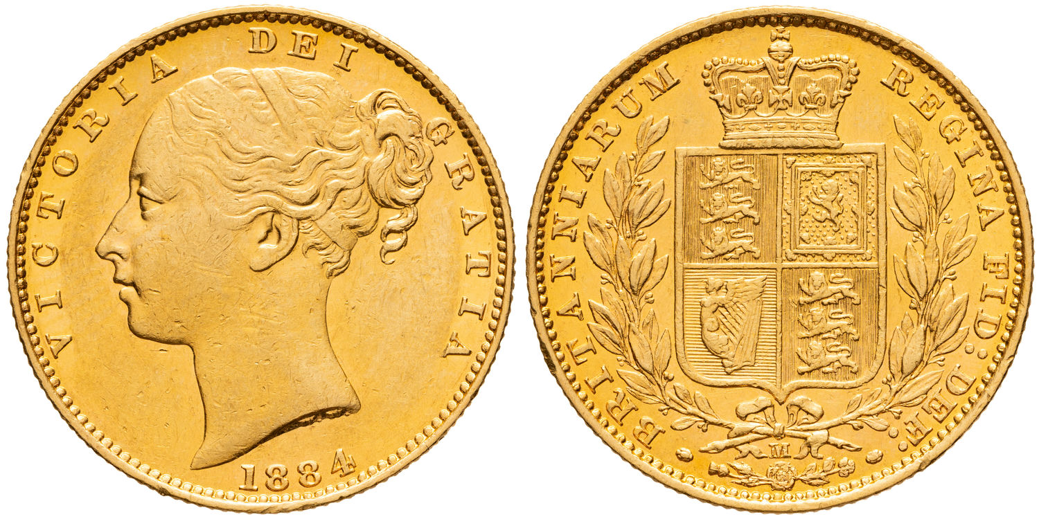 Victoria, Shield Reverse - Young Head, Sovereign, 1884-M, EF