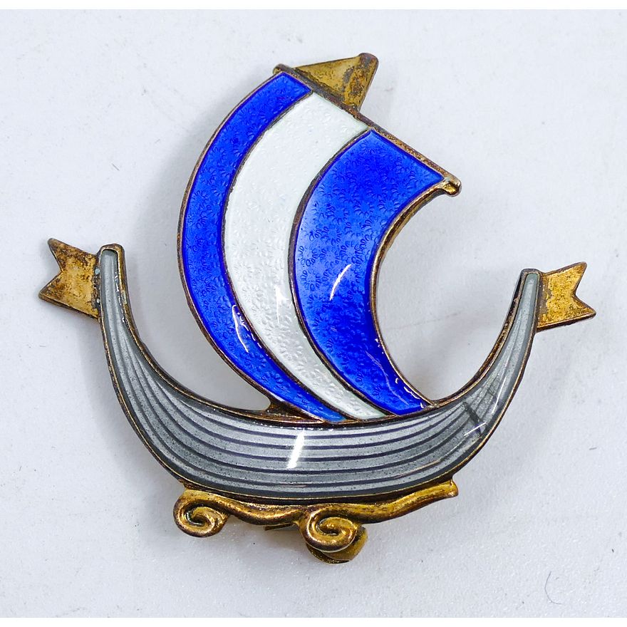Aksel Holmsen Norwegian Enameled Silver Ship Brooch in Box 1.25.''