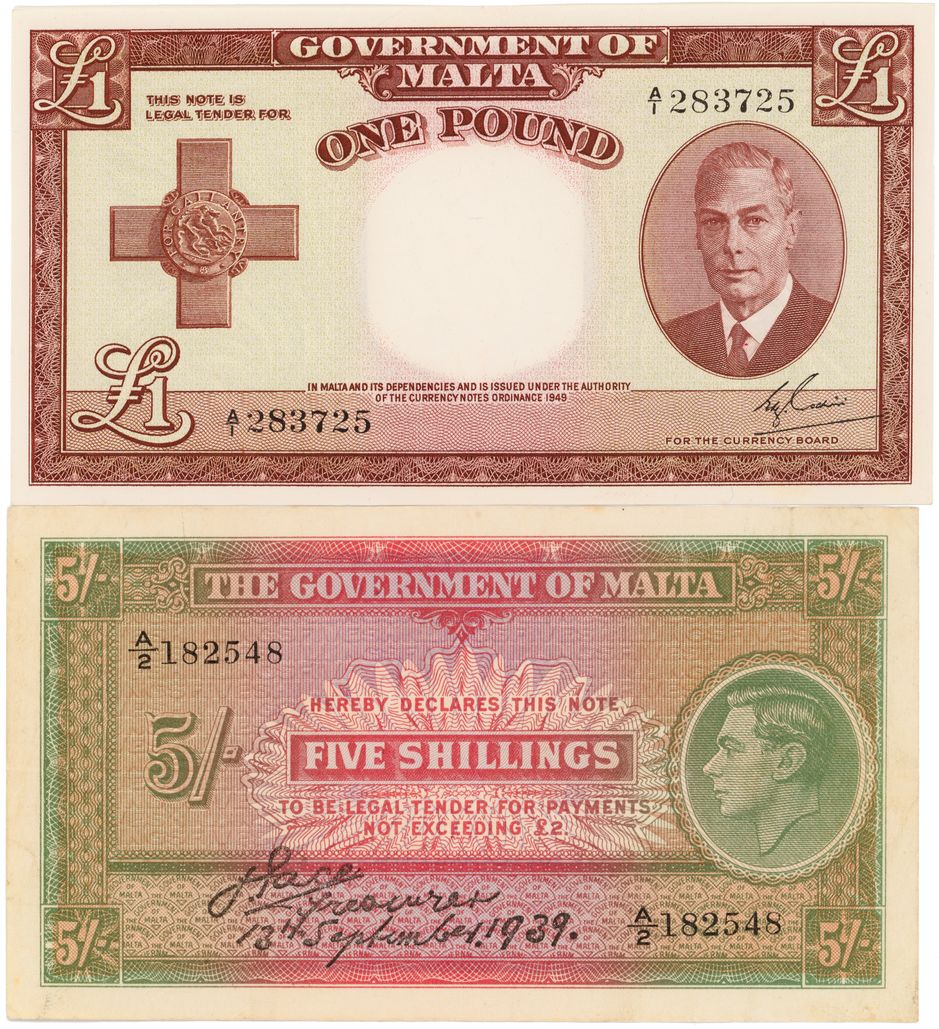 Malta, George VI, Five Shillings - One Pound, 1939 - 1951, gVF - UNC