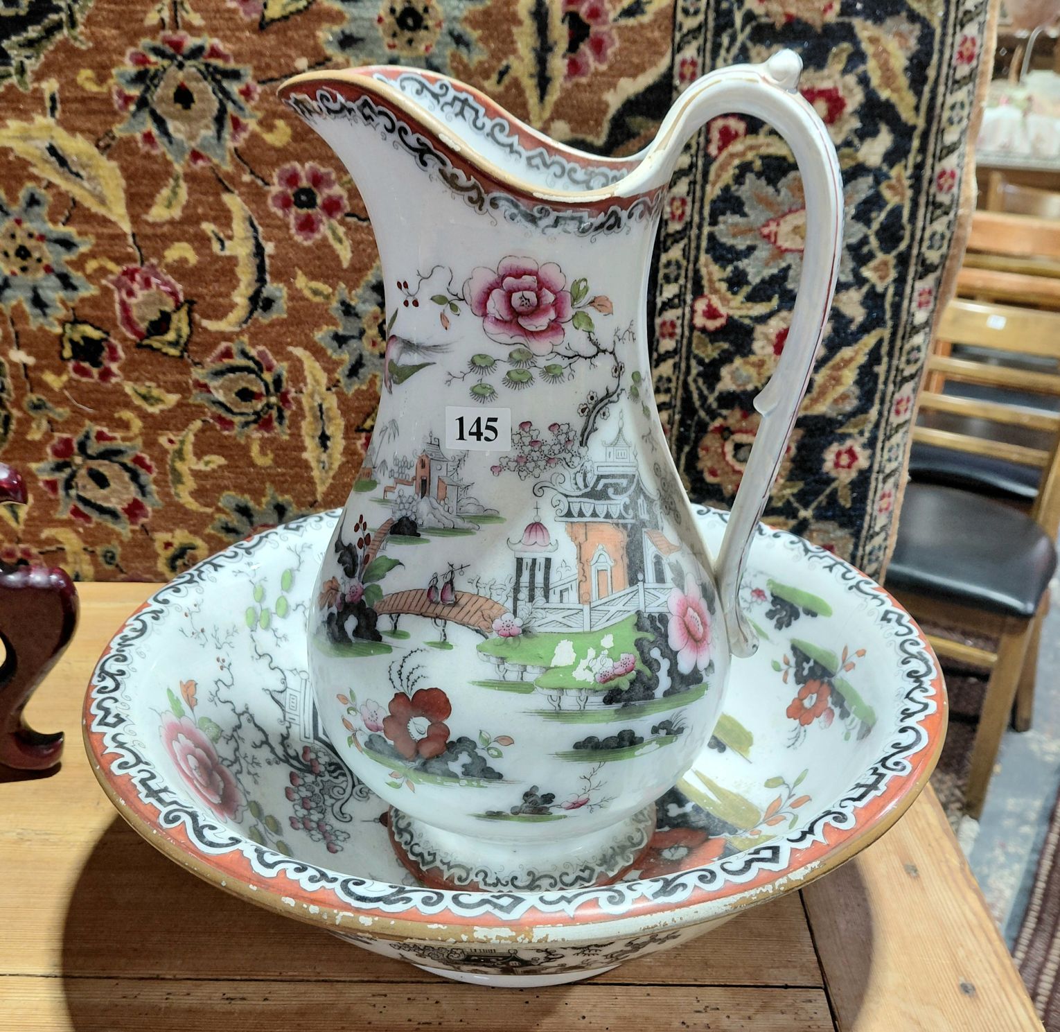 145 · 19TH C. CERAMIC WASH JUG AND BOWL