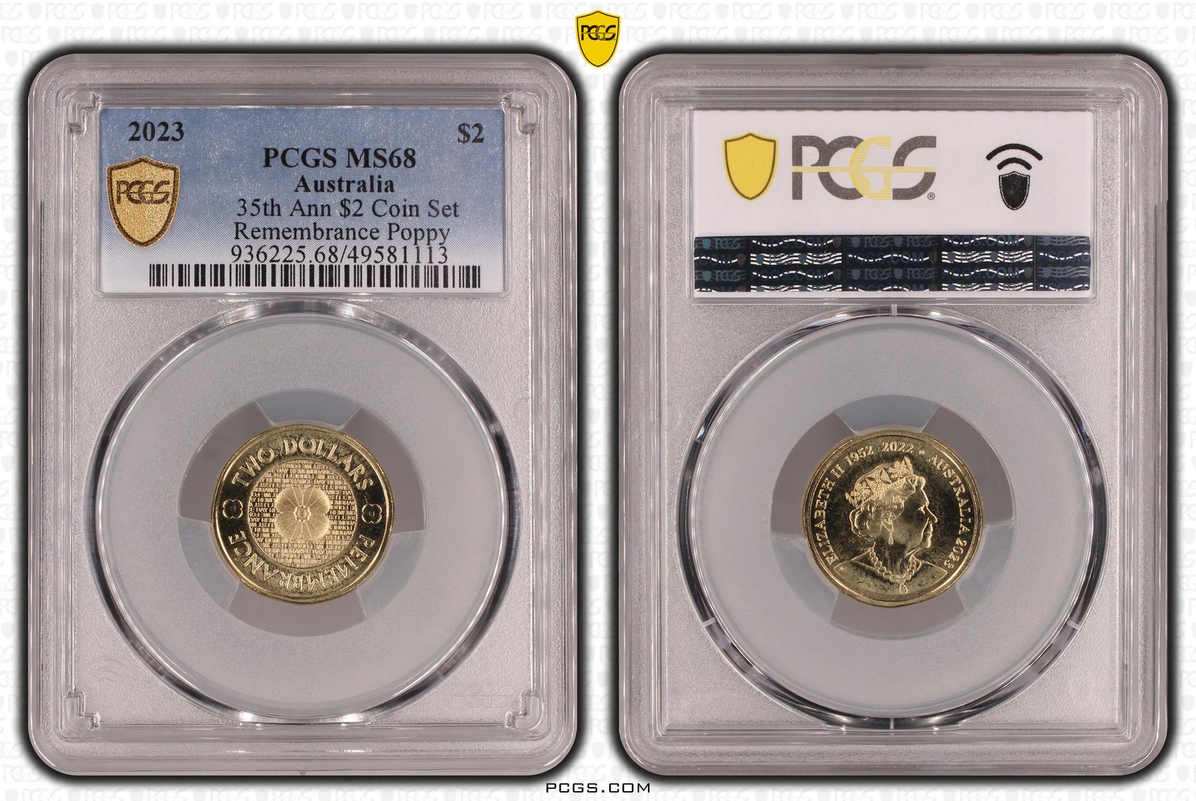 Elizabeth II, 35th Ann $2 Coin Set Remembrance Poppy , Two Dollar, 2023, PCGS MS68