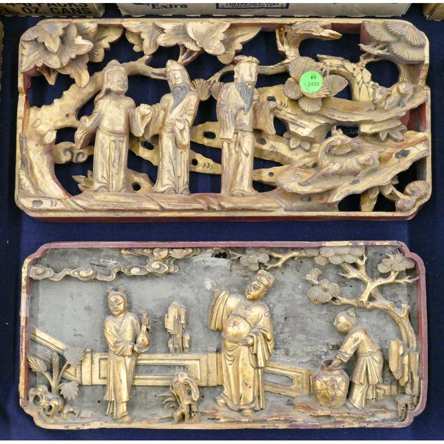 2pc Antique Chinese Gilt Temple Panels 14''