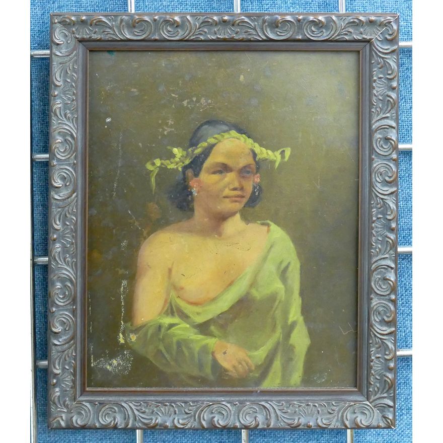 Antique Native Portrait Oil on Tin or Copper Framed 12''x10''