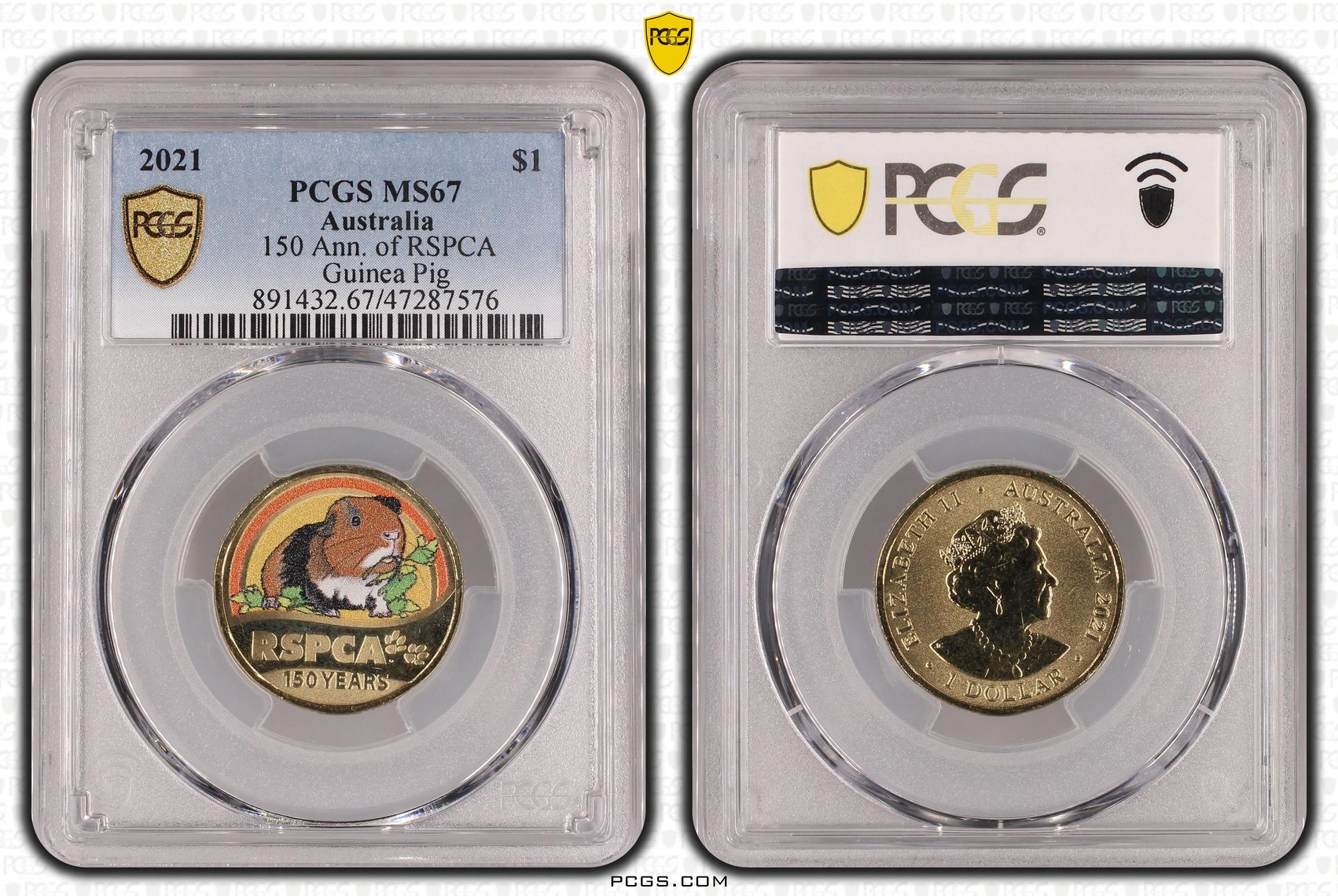 Elizabeth II, 150 Ann. of RSPCA Guinea Pig, One Dollar, 2021, PCGS MS67