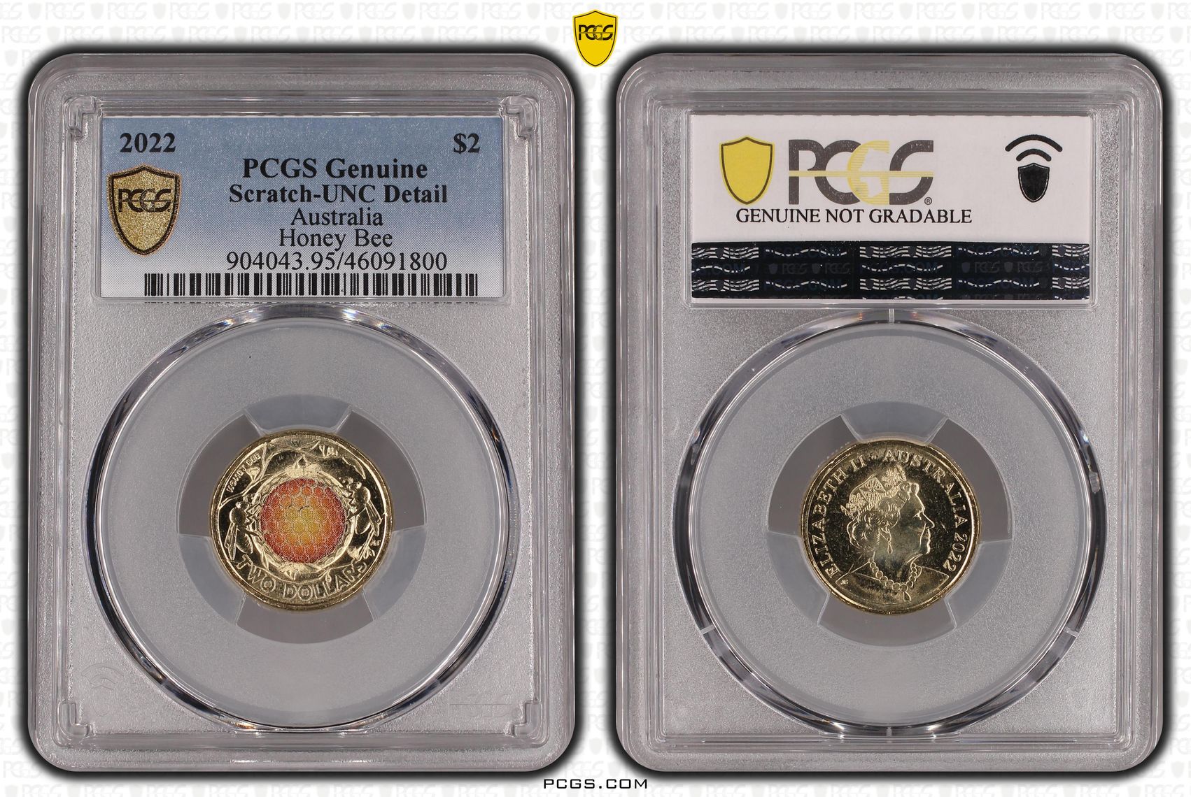 Honey Bee Colourised, Two Dollar, 2022, PCGS Genuine - UNC Details (95 - Scratch)