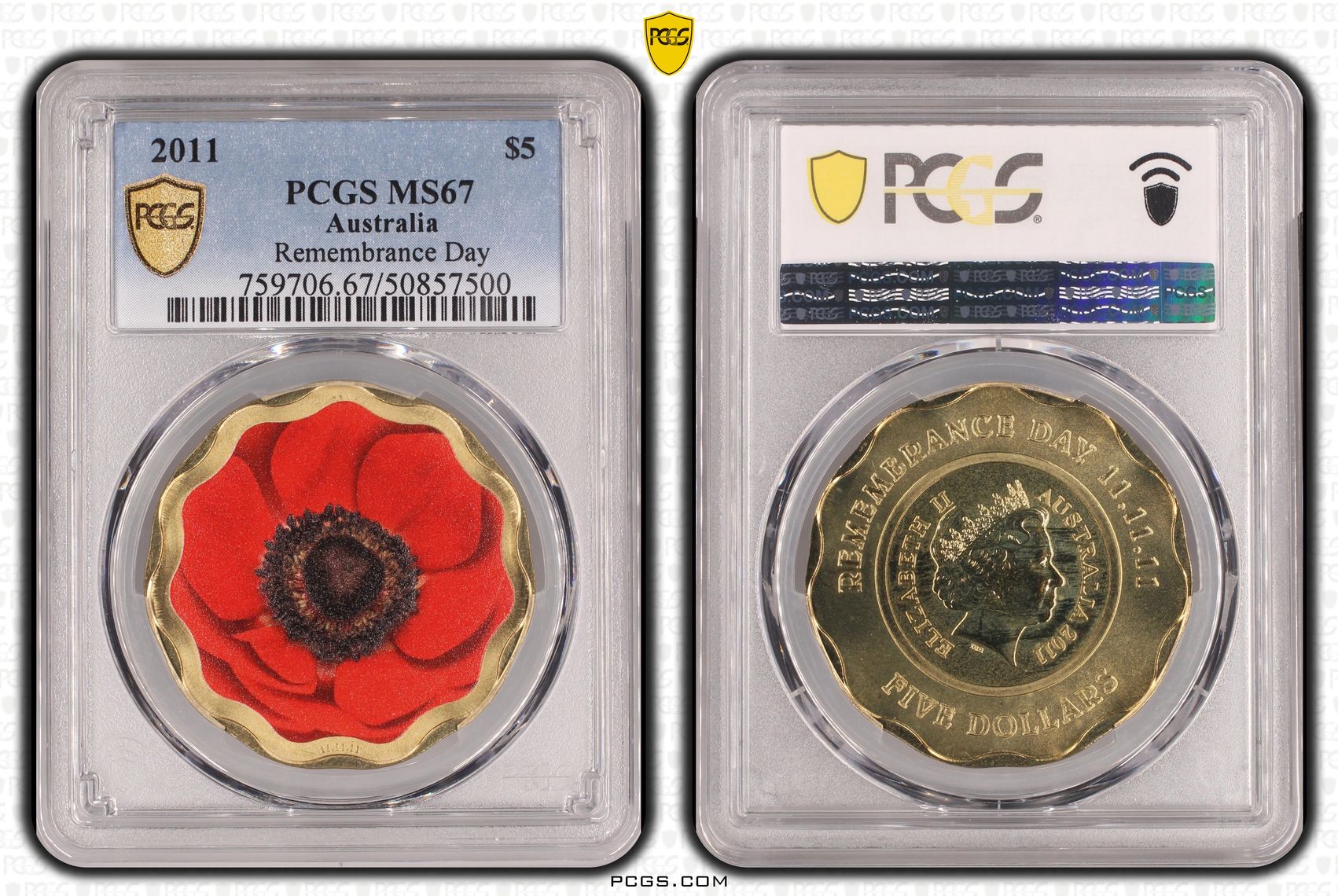 Remembrance Day - Colorized, Five Dollar, 2011, PCGS MS67