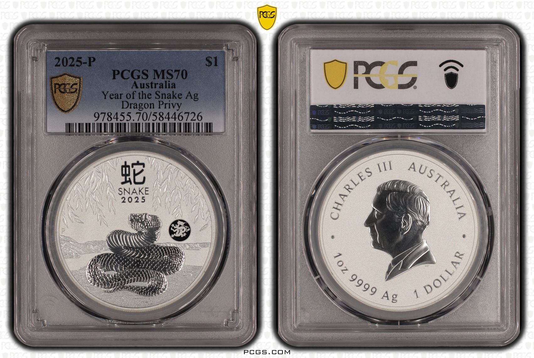 Charles III, Year of the Snake Silver Dragon Privy, 8/0, One Dollar, 2025-P, PCGS MS70